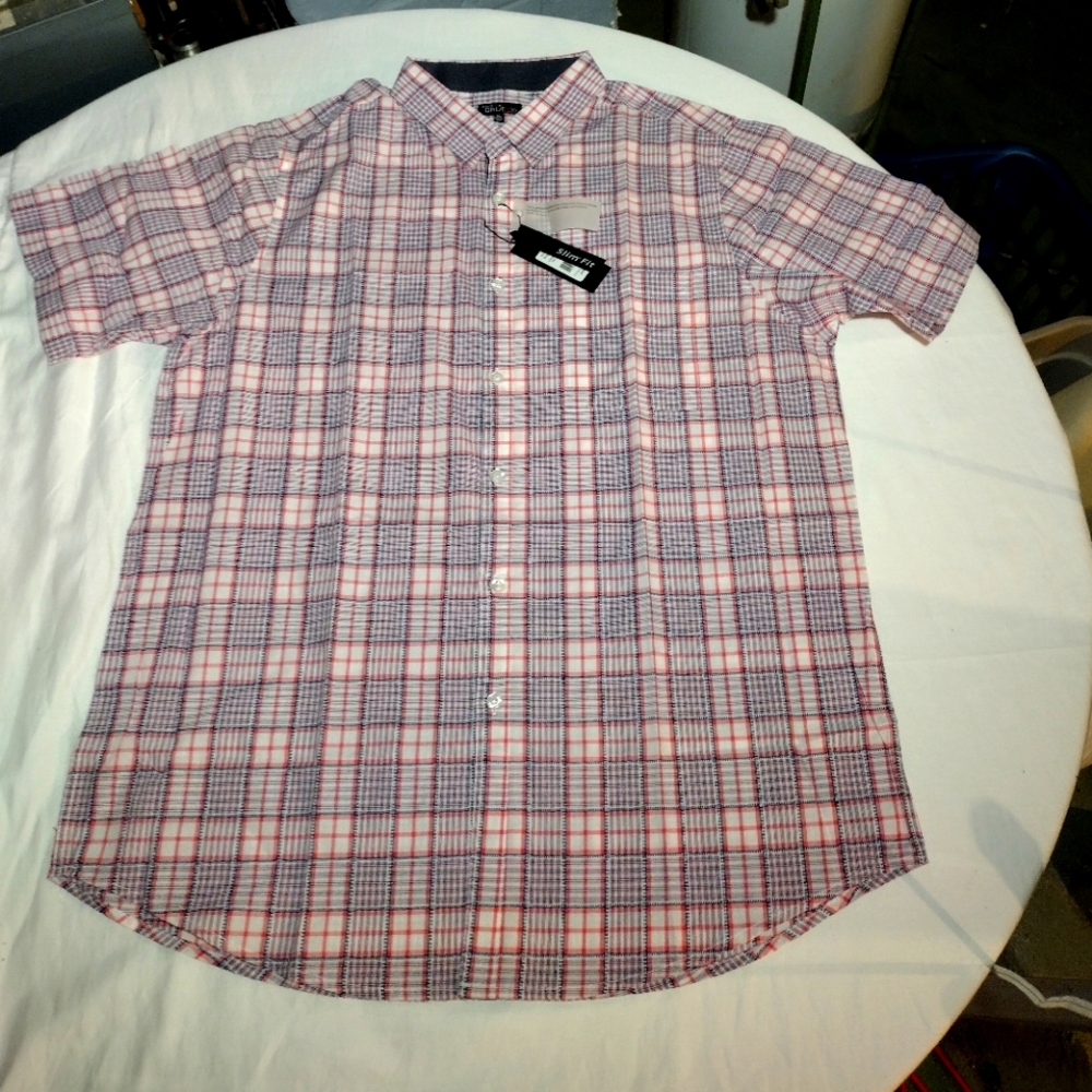 Galaxy by Harvic Pink,White, Blue Slim Fit Plaid Button Down Short Sleeve Shirt